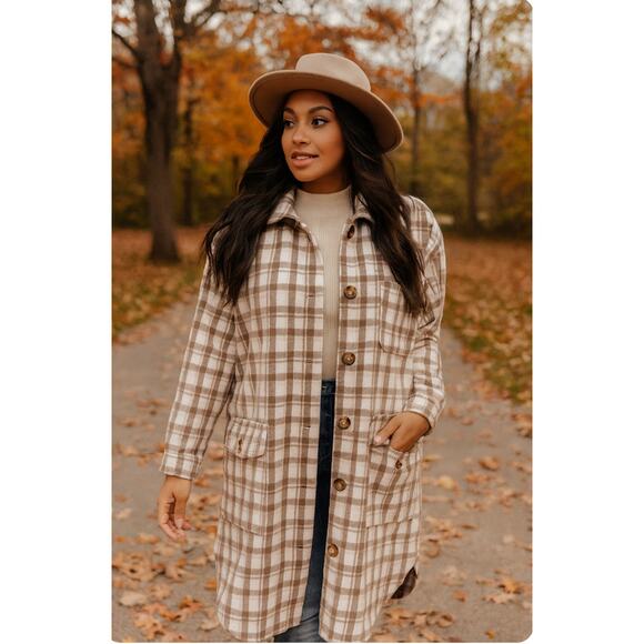 Buffalo David Bitton Large Flannel Cream Brown Plaid Long Line Shacket Cabincore - Picture 1 of 11